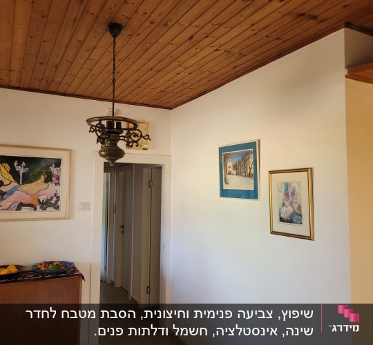 שיפוץ, צביעה פנימית וחיצונית, הסבת מטבח לחדר שינה, אינסטלציה, חשמל ודלתות פנים.